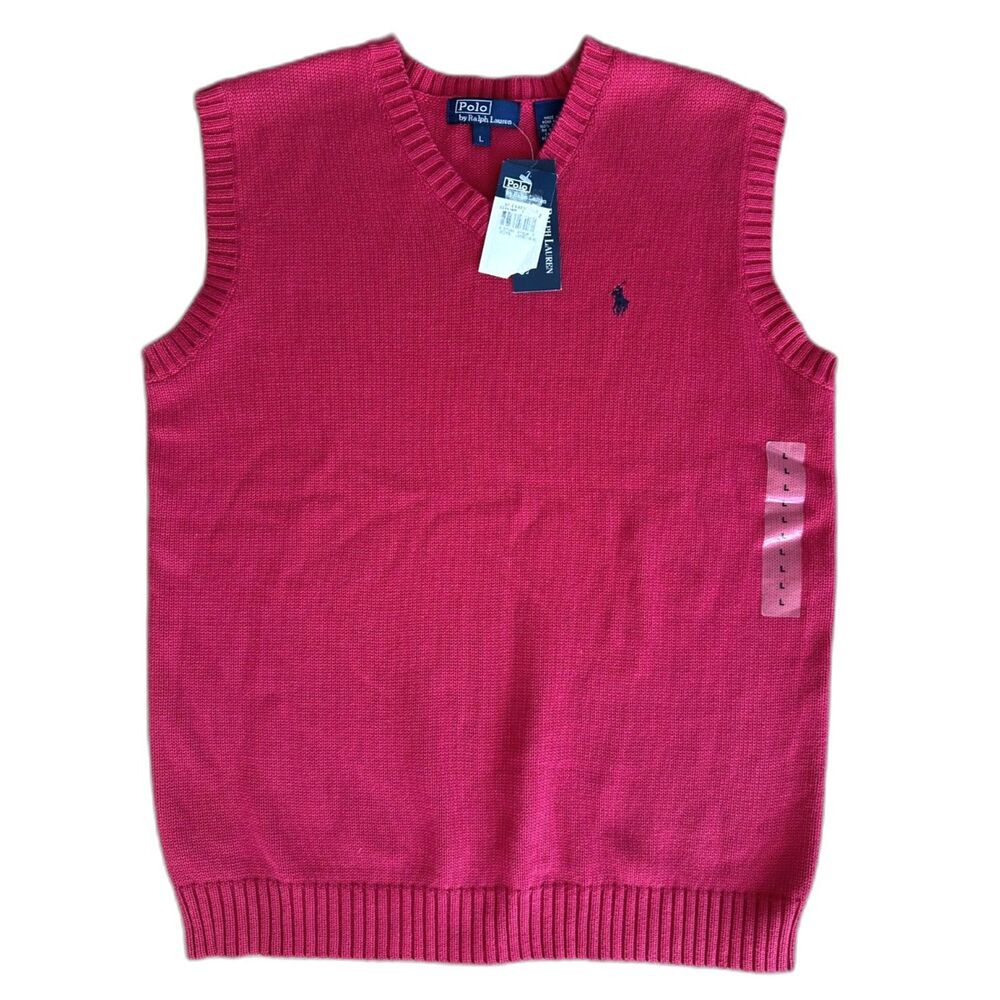 NWT Polo Ralph Lauren Boys Red V Neck Sweater Vest Size L Knit Preppy